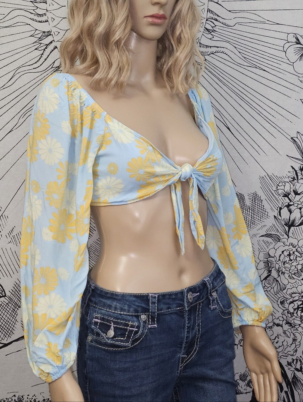 Live To Be Spoiled Medium Tie-Front Floral Crop Top in Light Blue and Yellow